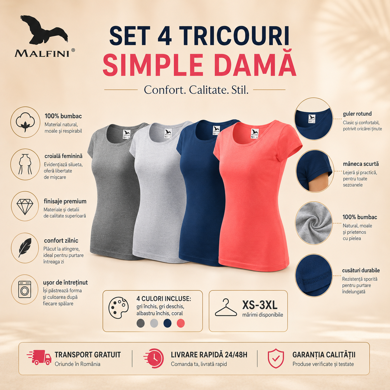 Tricouri damă simple din bumbac 100% gri &icirc;nchis gri deschis albastru &icirc;nchis coral